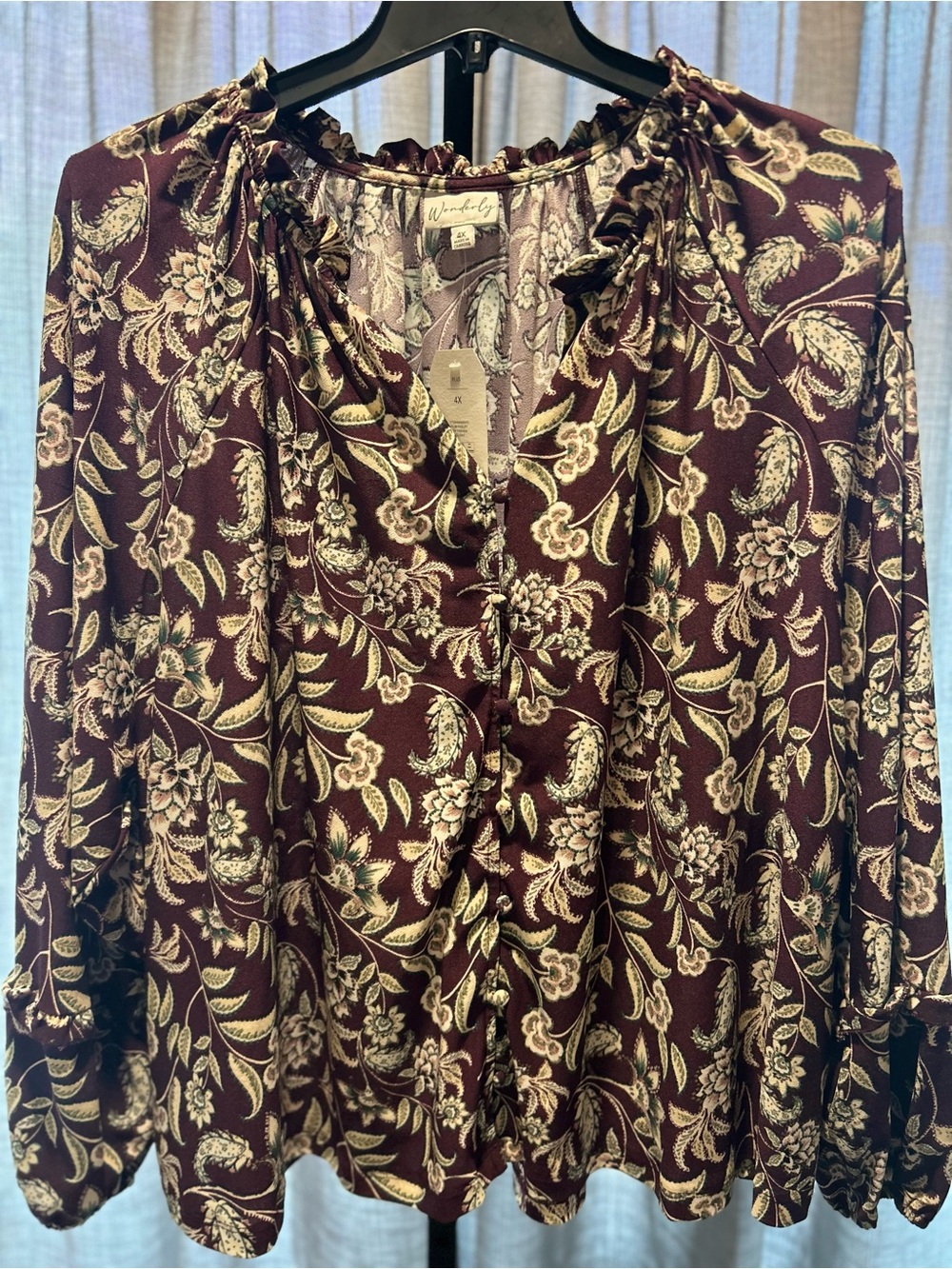 Waverly Burgundy Floral Print Ruffled Henley Tunic